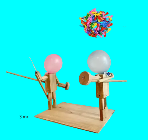 Wooden balloon fight set with two figures and balloons on a white background